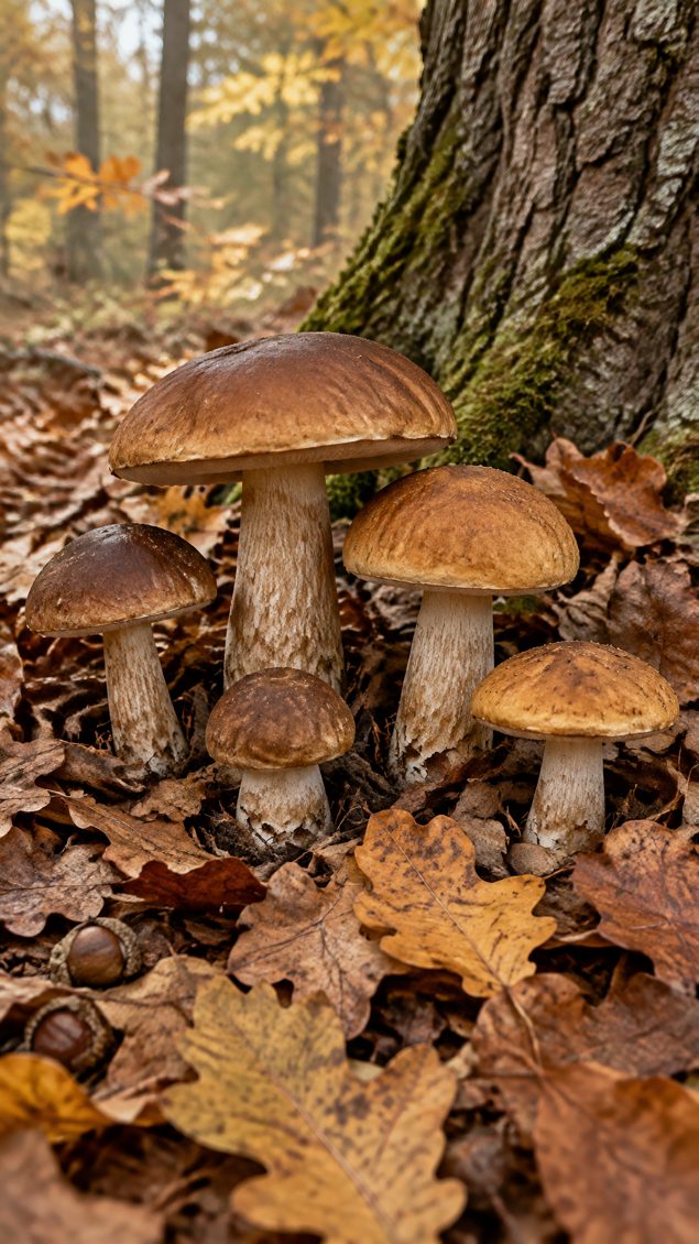 Brown boletes in oak leaf litter with acorns at the lower left
