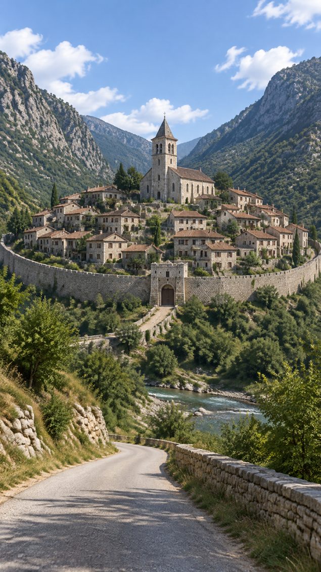 Walled hill town in a mountain valley with an asphalt road in the foreground