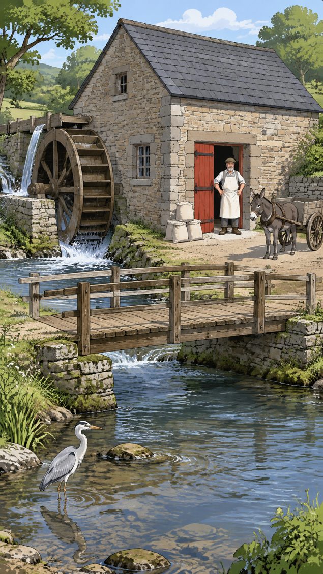 Watermill with a miller at a red door and four flour sacks, one lying on three
